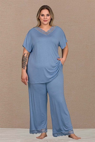 Dantelli Mavi Büyük Beden Pijama Takımı