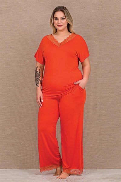 Dantelli Turuncu Bordo Büyük Beden Pijama Takımı
