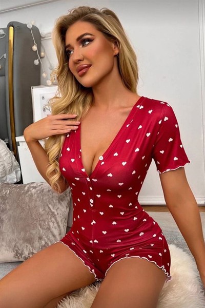 Düğmeli Kısa Kollu Kırmızı Tulum Pijama