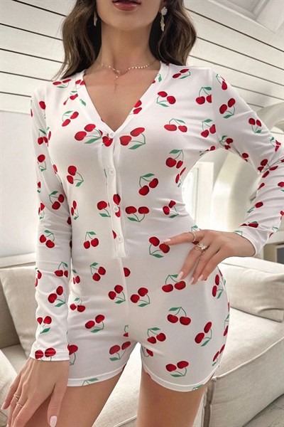 Uzun Kollu Düğmeli Beyaz Tulum Pijama