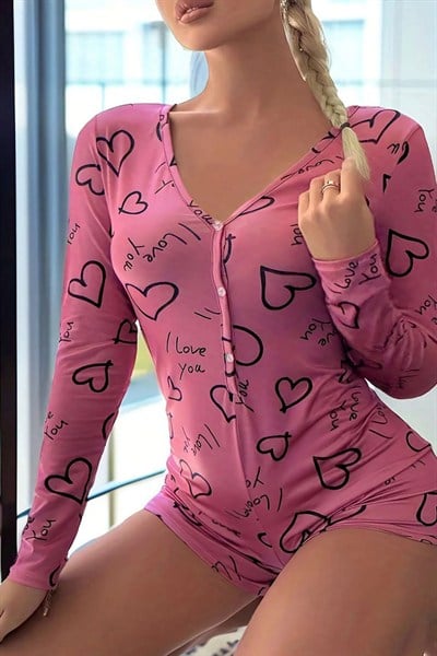 Uzun Kollu Düğmeli Gül Tulum Pijama