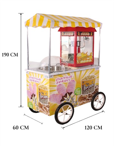 Elektrikli Popcorn Mısır Patlatma Pamuk Şeker Arabası 60x120 (Model Dalaman) 