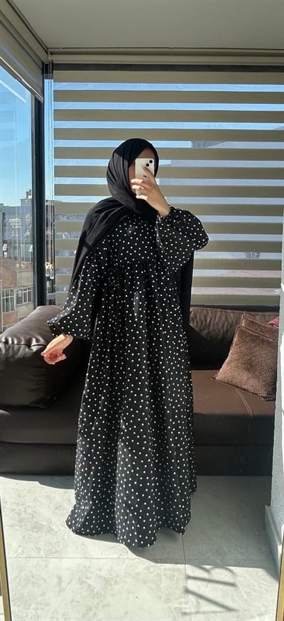Puantiye Modal Kolu Lastikli Tesettür Elbise Siyah