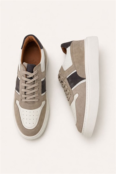 Erkek Bej & Kahve Hakiki Dana Derisi Süet Sneaker – Prag