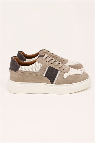 Erkek Bej & Kahve Hakiki Dana Derisi Süet Sneaker – Prag