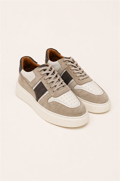 Erkek Bej & Kahve Hakiki Dana Derisi Süet Sneaker – Prag