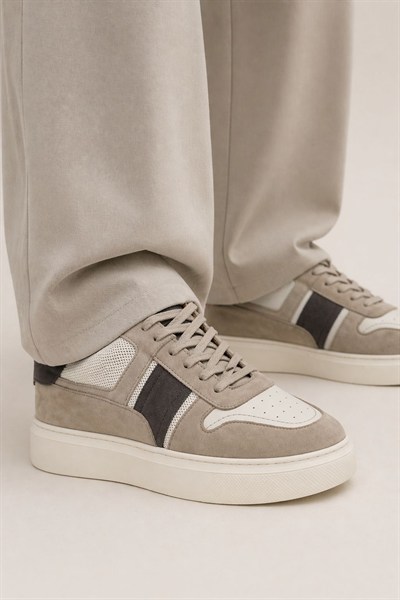 Erkek Bej & Kahve Hakiki Dana Derisi Süet Sneaker – Prag