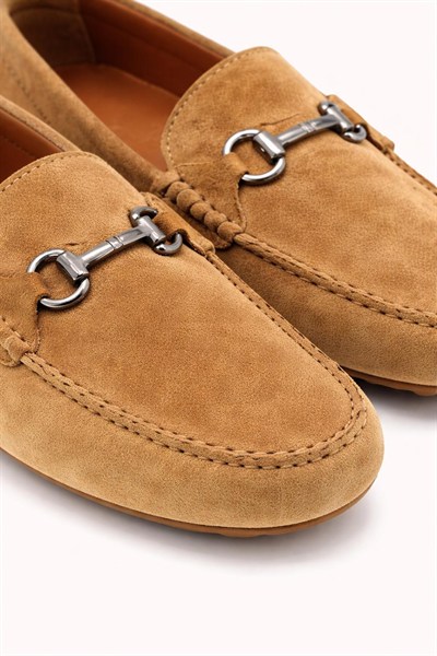 Erkek Bej Süet Hakiki Deri Metal Tokalı Loafer Günlük Casual Ayakkabı - Despina