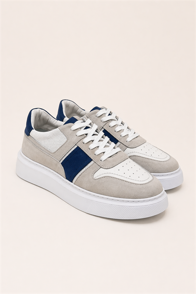 Erkek Beyaz-Lacivert Hakiki Dana Süet ve Deri Sneaker Ayakkabı – Prag