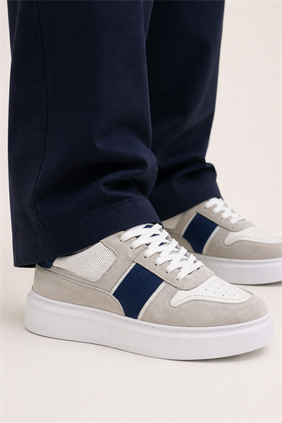 Erkek Beyaz-Lacivert Hakiki Dana Süet ve Deri Sneaker Ayakkabı – Prag