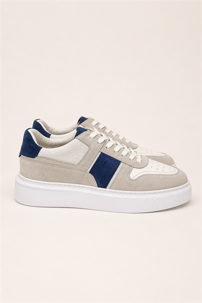 Erkek Beyaz-Lacivert Hakiki Dana Süet ve Deri Sneaker Ayakkabı – Prag