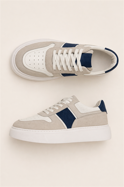 Erkek Beyaz-Lacivert Hakiki Dana Süet ve Deri Sneaker Ayakkabı – Prag