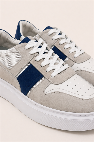 Erkek Beyaz-Lacivert Hakiki Dana Süet ve Deri Sneaker Ayakkabı – Prag