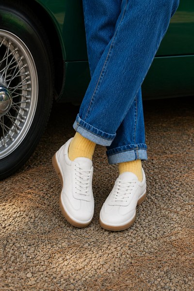 Erkek Ekru Hakiki Deri Bağcıklı Sneaker Kauçuk Taban Günlük Casual Ayakkabı – Tempura