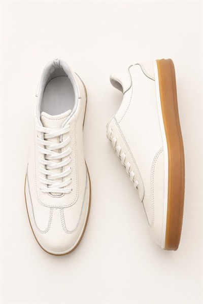 Erkek Ekru Hakiki Deri Bağcıklı Sneaker Kauçuk Taban Günlük Casual Ayakkabı – Tempura