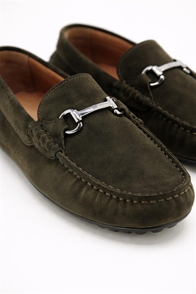 Erkek Haki Süet  Hakiki Deri Metal Tokalı Loafer Günlük Casual Ayakkabı - Despina