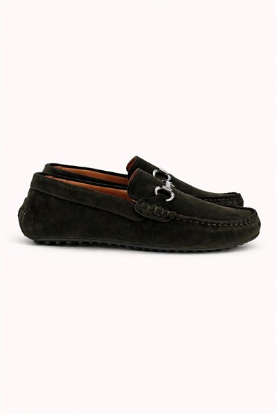 Erkek Haki Süet  Hakiki Deri Metal Tokalı Loafer Günlük Casual Ayakkabı - Despina