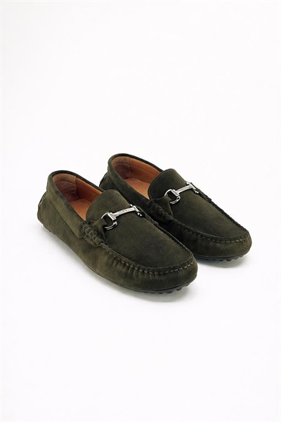 Erkek Haki Süet  Hakiki Deri Metal Tokalı Loafer Günlük Casual Ayakkabı - Despina