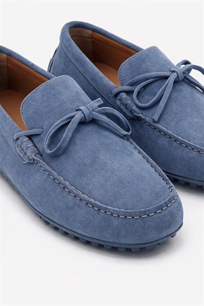 Erkek İndigo Süet Hakiki Deri Bağcıklı Driver Loafer Günlük Casual Ayakkabı - Glader