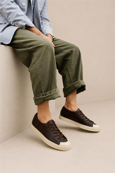 Erkek Kahverengi Hakiki Deri Bağcıklı Sneaker Kauçuk Taban Günlük Casual Ayakkabı – Palio