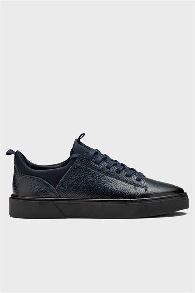 Erkek Lacivert Hakiki Deri Streç Ağızlı Bağcıklı Günlük Sneaker- Milano