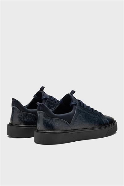 Erkek Lacivert Hakiki Deri Streç Ağızlı Bağcıklı Günlük Sneaker- Milano