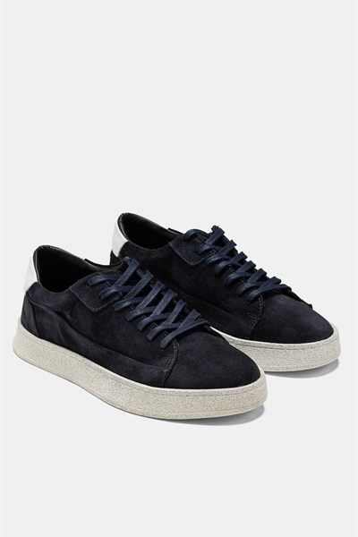 Erkek Lacivert Süet Hakiki Deri Casual Günlük Bağcıklı Sneaker Kauçuk Taban Ayakkabı – Dolce