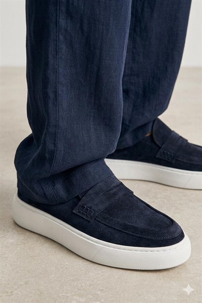 Erkek Lacivert Süet Hakiki Deri Casual Günlük Loafer EVA Taban Ayakkabı – Republic