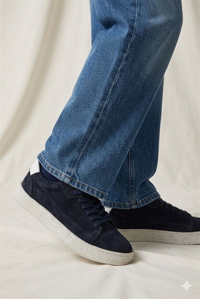 Erkek Lacivert Süet Hakiki Deri Casual Günlük Bağcıklı Sneaker Kauçuk Taban Ayakkabı – Dolce