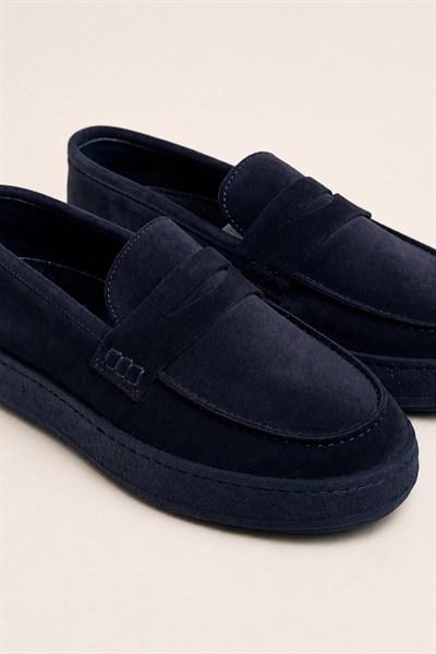 Erkek Lacivert Süet Loafer Hakiki Dana Derisi İç Dış Deri Kauçuk Taban Günlük Casual Ayakkabı – Venedik