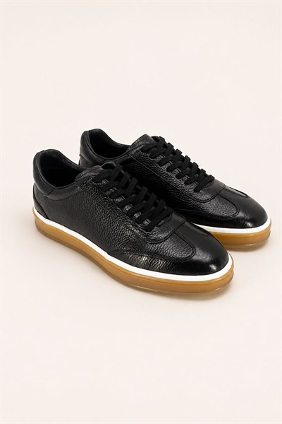 Erkek Siyah Hakiki Deri Bağcıklı Sneaker Kauçuk Taban Günlük Casual Ayakkabı – Tempura