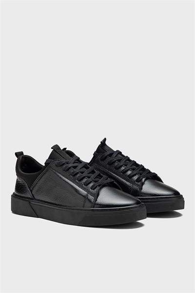 Erkek Siyah Hakiki Deri Streç Ağızlı Bağcıklı Günlük Sneaker- Milano