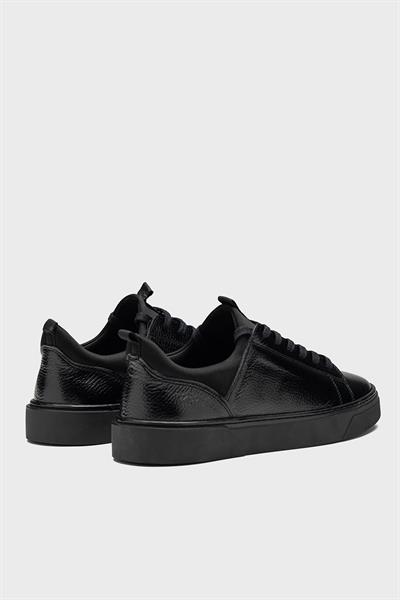 Erkek Siyah Hakiki Deri Streç Ağızlı Bağcıklı Günlük Sneaker- Milano