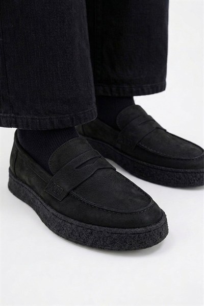 Erkek Siyah Nubuk Loafer Hakiki Dana Derisi İç Dış Deri Kauçuk Taban Günlük Casual Ayakkabı – Venedik