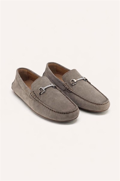 Erkek Vizon Süet Hakiki Deri  Metal Tokalı Loafer Günlük Casual Ayakkabı - Despina