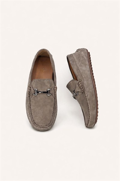 Erkek Vizon Süet Hakiki Deri  Metal Tokalı Loafer Günlük Casual Ayakkabı - Despina