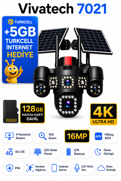 Vivatech 7021 16 MP 128GB Hafıza Kartlı 4G Çift Solar Panelli Güvenlik Kamerası - 4 Kameralı 16X Zoom Dual Batarya HiEasy AOV (+5GB İnternet)