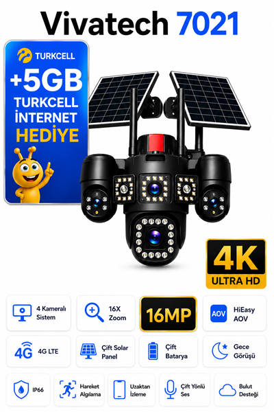 Vivatech 7021 16 MP 4G Çift Solar Panelli Güvenlik Kamerası - 4 Kameralı 16X Zoom, HiEasy AOV Sürekli Kayıt Sesli Görüşme