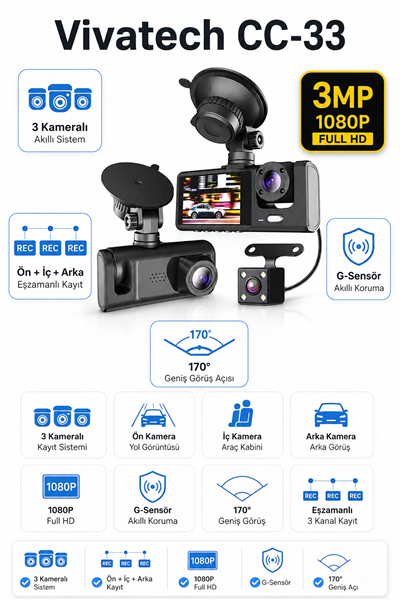 Vivatech CC-33 3 Kameralı Araç İçi Kamera - 3MP 1080P Full HD Ön + İç + Arka Eşzamanlı Kayıt, G-Sensör Geniş Açı