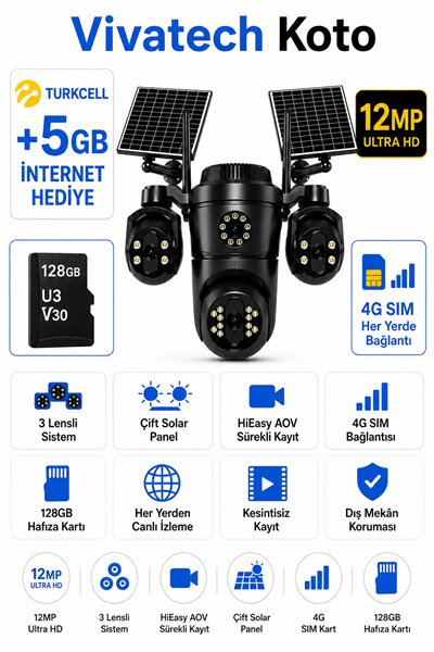 Vivatech Koto 128GB Hafıza Kartlı 4G Çift Solar Panelli Güvenlik Kamerası - 12MP 3 Lensli, HiEasy AOV Sürekli Kayıt (+5 GB İnternet)