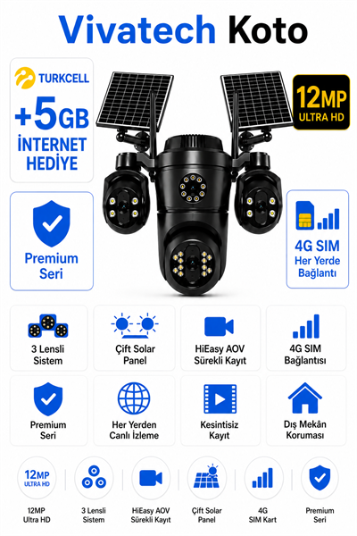 Vivatech Koto 12MP 4G Çift Solar Panelli Güvenlik Kamerası - 3 Lensli Sistem, HiEasy AOV Sürekli Kayıt Çift Yönlü Sesli