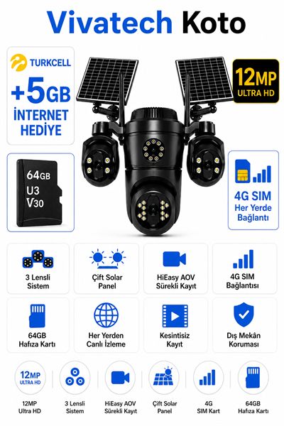 Vivatech Koto 64GB Hafıza Kartlı 4G Çift Solar Panelli Güvenlik Kamerası - 12MP 3 Lensli, HiEasy AOV Sürekli Kayıt (+5 GB İnternet)