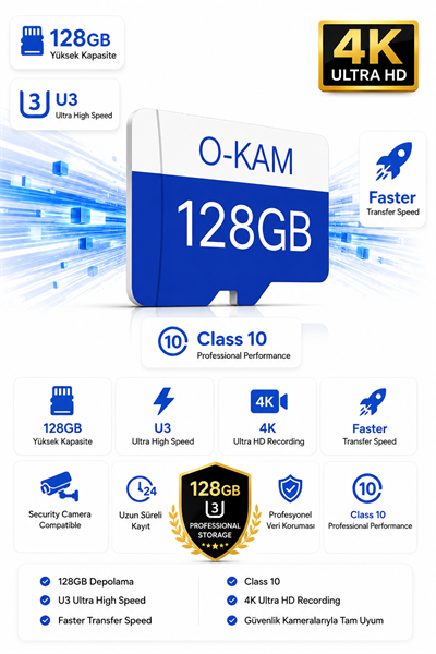 Vivatech O-Kam 128GB U3 Class 10 Micro SD Hafıza Kartı - Yüksek Hızlı Kamera Uyumlu Depolama Kartı