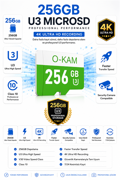 Vivatech O-Kam 256GB U3 Class 10 Micro SD Hafıza Kartı - Yüksek Hızlı Kamera Uyumlu Depolama Kartı