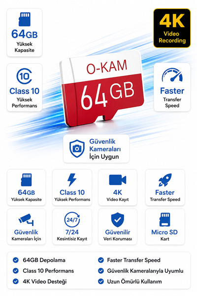 Vivatech O-Kam 64GB Class 10 Micro SD Hafıza Kartı - Faster Transfer Speed 4K Video Kayıt Destekli Güvenlik Kamerası Kartı