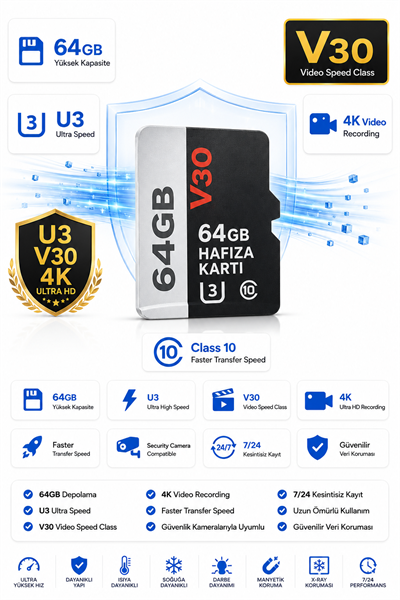 Vivatech O-Kam 64GB U3 Class 10 Micro SD Hafıza Kartı - Faster Transfer Speed 4K Video Kayıt Destekli (V30)