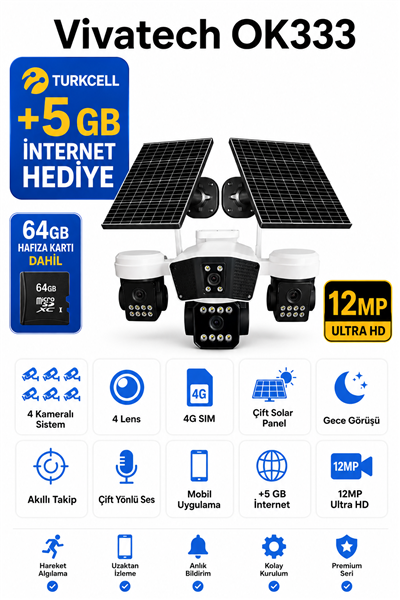 Vivatech OK333 64GB Hafıza Kartlı 4G Çift Solar Panelli Güvenlik Kamerası - Premium Serisi 12MP 4 Kameralı Gece Görüşlü (+5 GB İnternet)