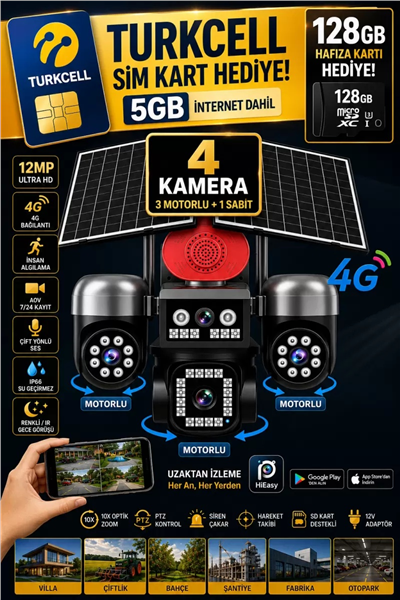 Vivatech S446 128GB Hafıza Kartlı 4G Çift Solar Panelli Güvenlik Kamerası - 3 Motorlu Hareketli 12MP, 20800mAh Bataryalı (+5GB İnternet)