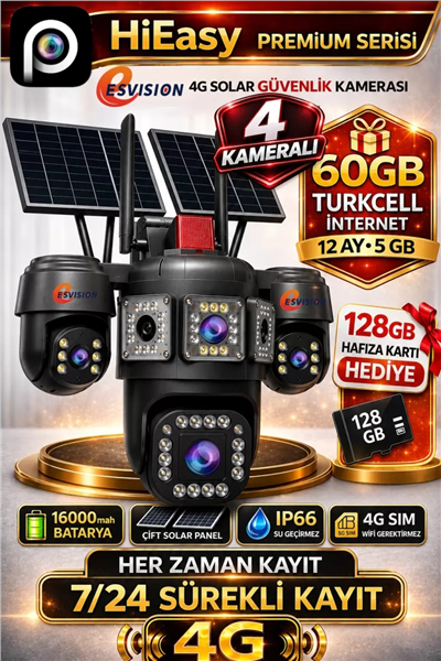 Vivatech S446 4G Çift Solar Panelli Güvenlik Kamerası - 3 Motorlu Hareketli + 1 Sabit 12MP, Sirenli 20800mAh Bataryalı HiEasy