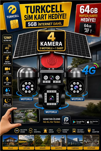 Vivatech S446 64GB Hafıza Kartlı 4G Çift Solar Panelli Güvenlik Kamerası - 3 Motorlu Hareketli 12MP, 20800mAh Bataryalı (+5GB İnternet)